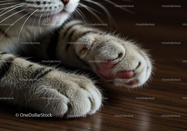 Close up of relaxed cat paws on wooden floor