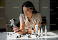 Skincare Specialist Examining Skin Samples with Microscope in Laboratory