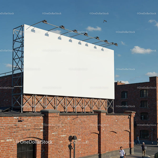 Blank billboard on rooftop above red brick building JPG Mockup Image