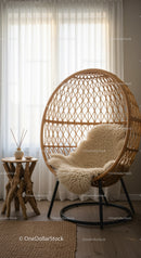 Cozy rattan chair with sheepskin throw by wooden table
