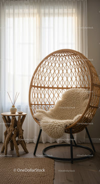 Cozy rattan chair with sheepskin throw by wooden table