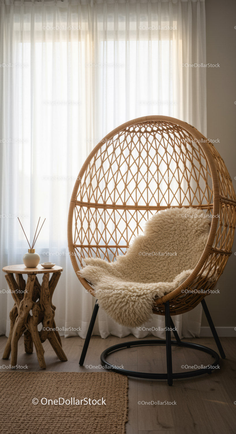 Cozy rattan chair with sheepskin throw by wooden table