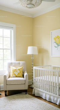 Bright and Elegant Nursery with White Crib and Yellow Cushion