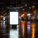 Night City Street with Illuminated Bus Stop and Neon Signs
