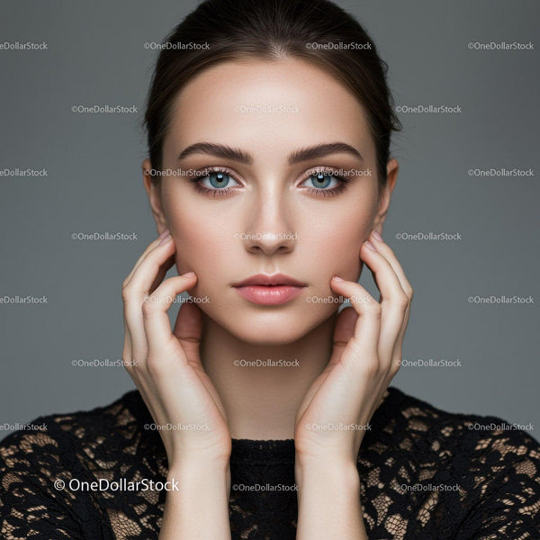Elegancki Portret Kobiety z Niebieskimi Oczami i Nieskazitelną Cerą