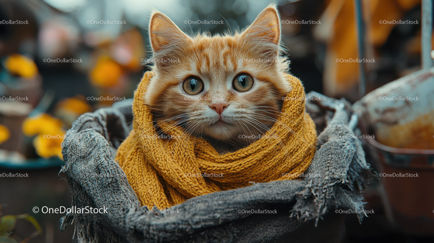 Orange Tabby Cat Wearing Yellow Scarf in Autumn Garden