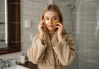 Relaxing Woman Applying Gold Under Eye Patches in Spa