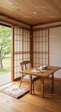 Cozy Traditional Japanese Dining Area with Wooden Elements and Shoji Screens