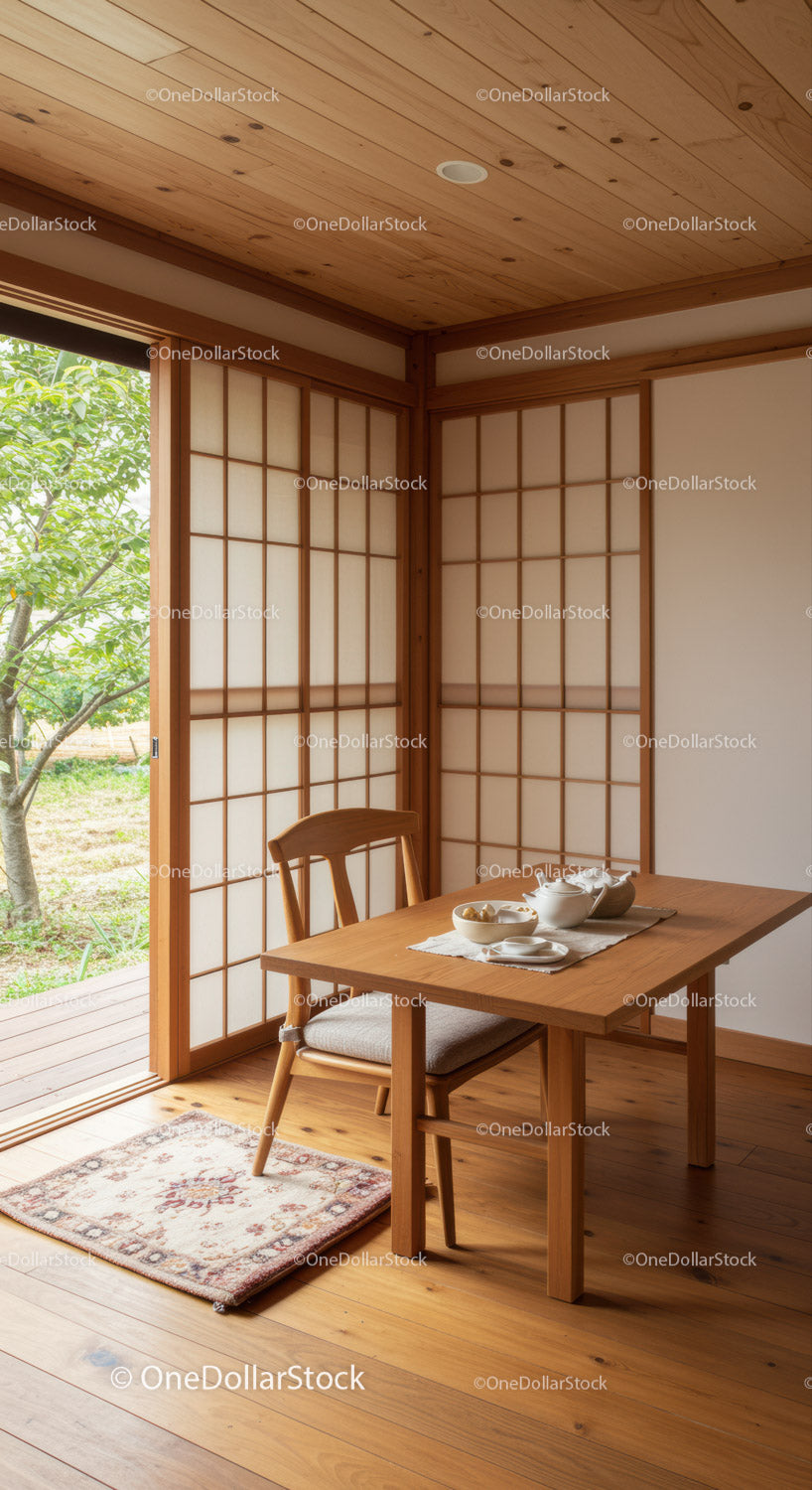 Cozy Traditional Japanese Dining Area with Wooden Elements and Shoji Screens