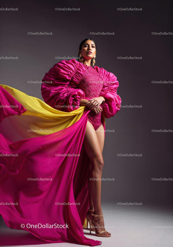 Fashion Model in Vibrant Pink and Yellow Flowing Gown Stock Photo Bundle (24 JPG Files)