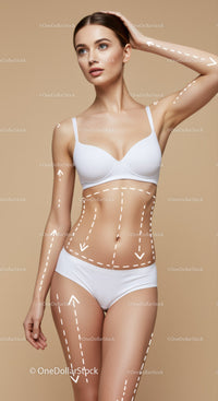 Female Model in White Lingerie with Body Markings on Beige Background