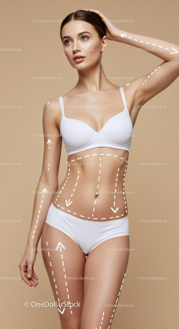 Female Model in White Lingerie with Body Markings on Beige Background