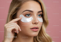 Beautiful Woman Applying Eye Masks for Skincare on a Pink Background