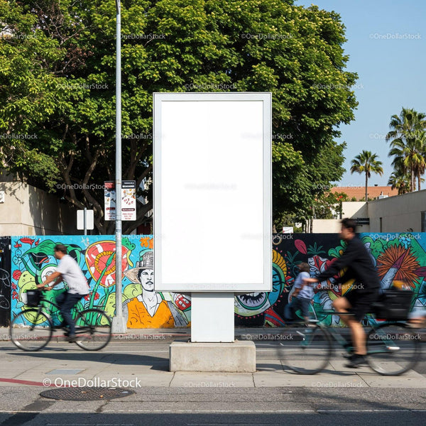 Blank urban billboard with cyclists passing vibrant mural JPG Mockup Image