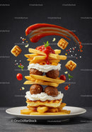 Stacked crispy fries with meatballs and cream sauce
