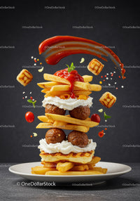 Stacked crispy fries with meatballs and cream sauce
