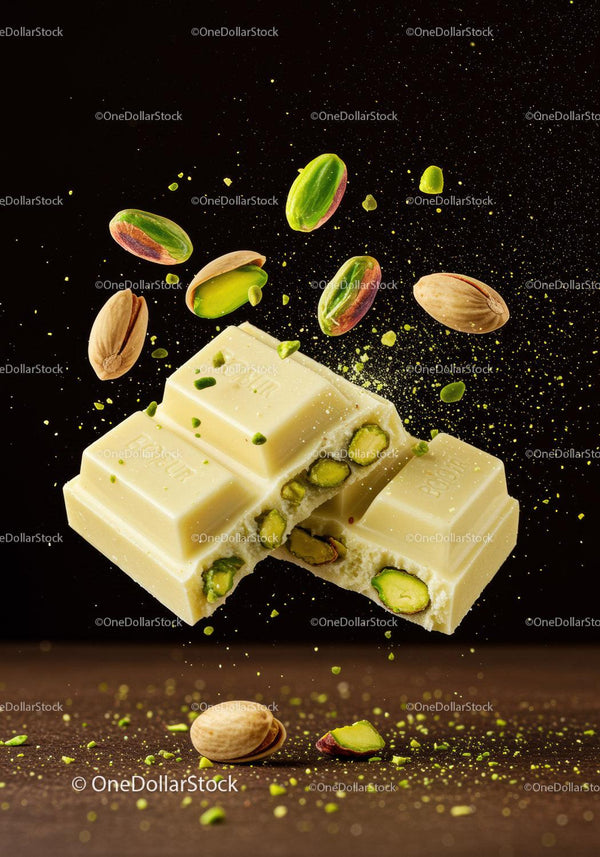 White chocolate pieces with vibrant pistachios flying