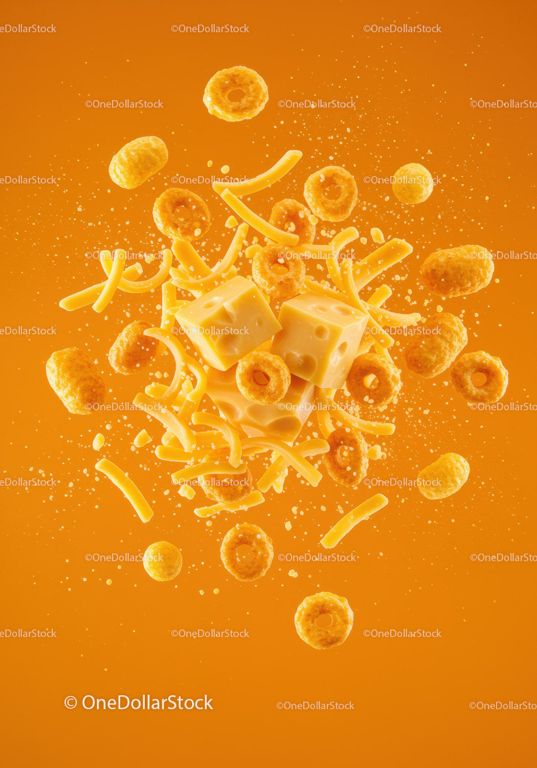 Cheese cubes and crunchy snacks floating on orange background