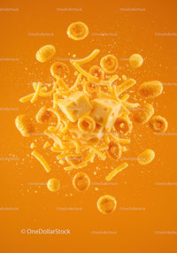 Cheese cubes and crunchy snacks floating on orange background