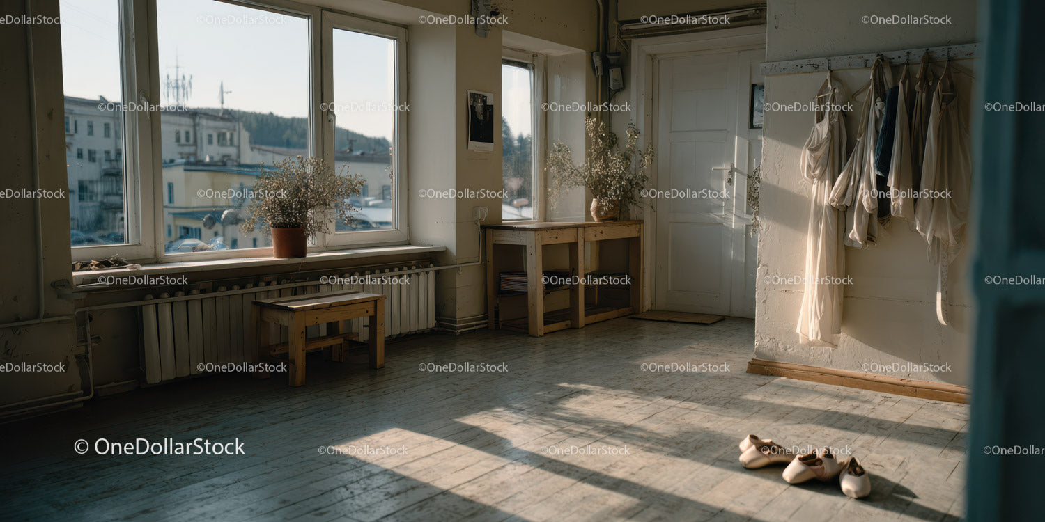 Bright and Cozy Sunlit Room with Wooden Furniture and Hanging Clothes