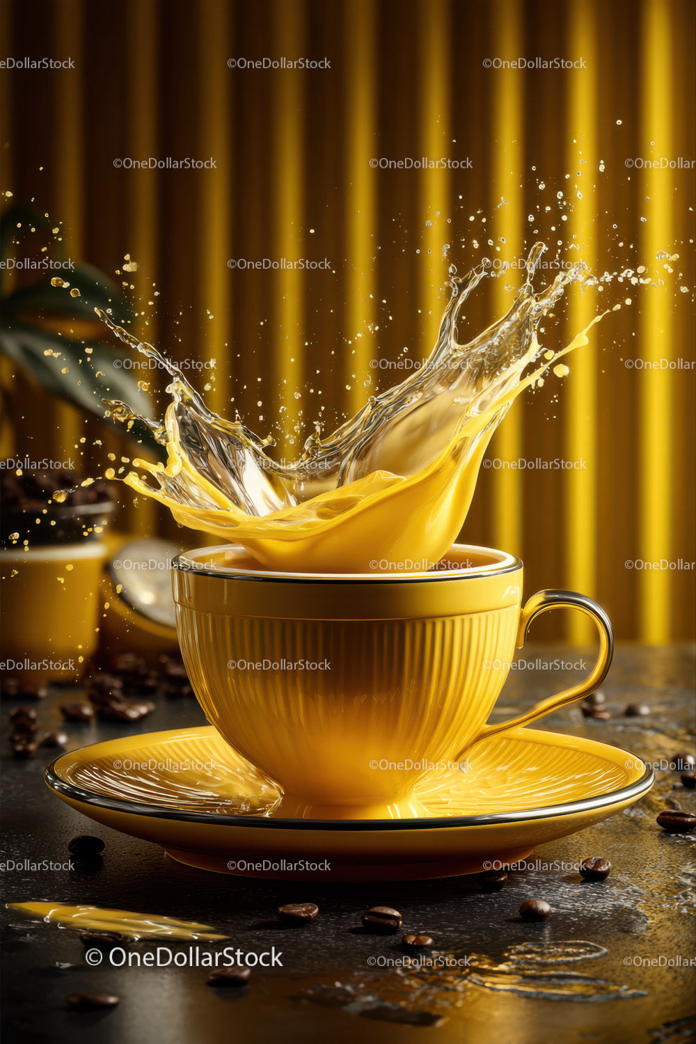 Vibrant Coffee Splash in Stylish Yellow Cup with Beans and Dynamic Motion