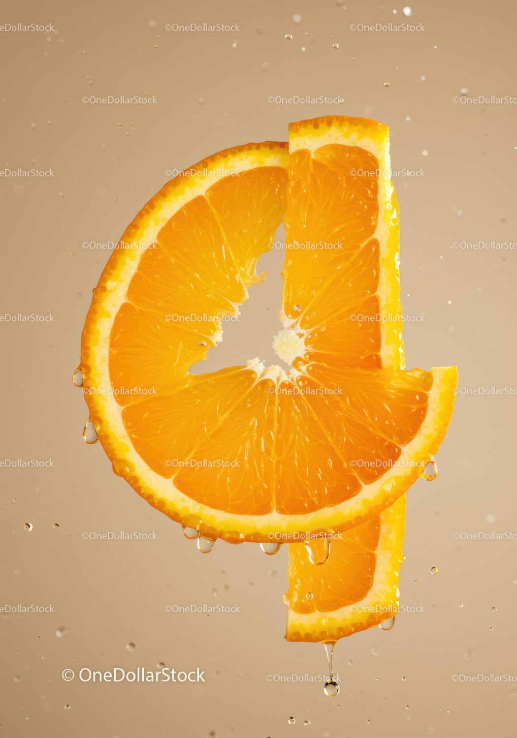 Fresh orange slices with juicy water droplets