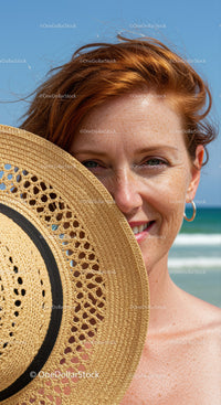 Cheerful woman with straw hat enjoying sunny beach day