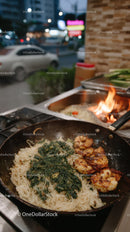 Stir-fried Noodles with Grilled Chicken and Spinach in an Outdoor Pan
