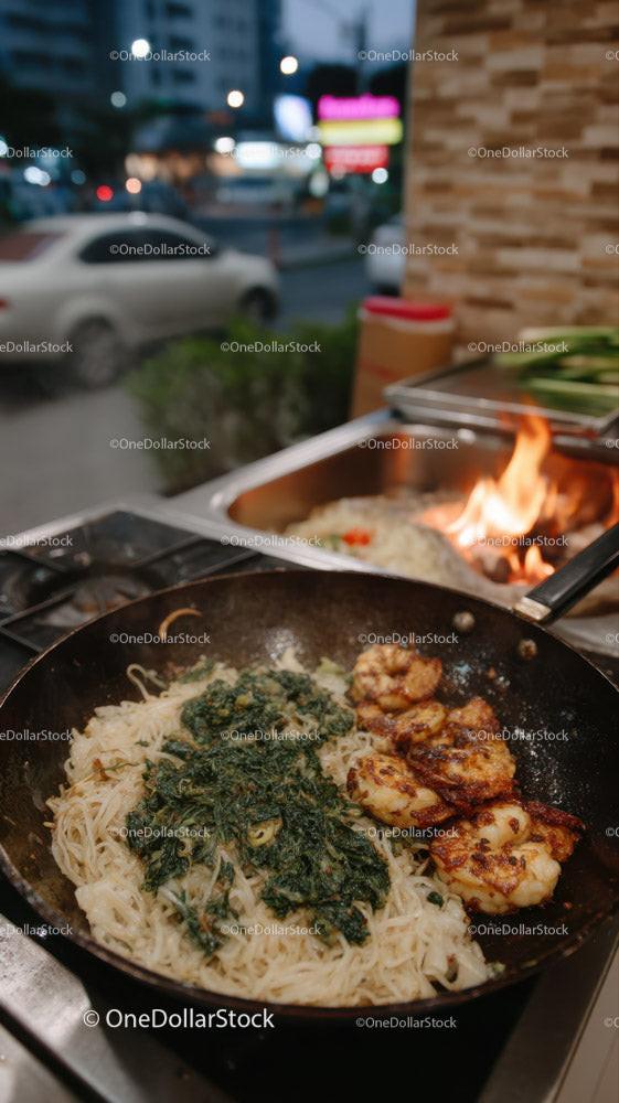 Stir-fried Noodles with Grilled Chicken and Spinach in an Outdoor Pan