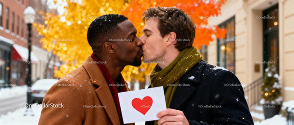 Couple Sharing a Tender Kiss Holding Valentine's Card