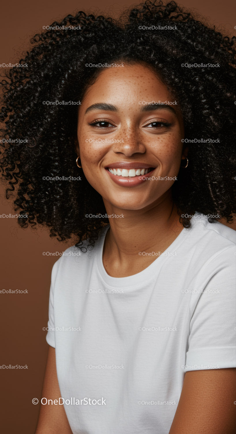 Close-Up of Smiling Woman with Curly Hair and Radiant Skin