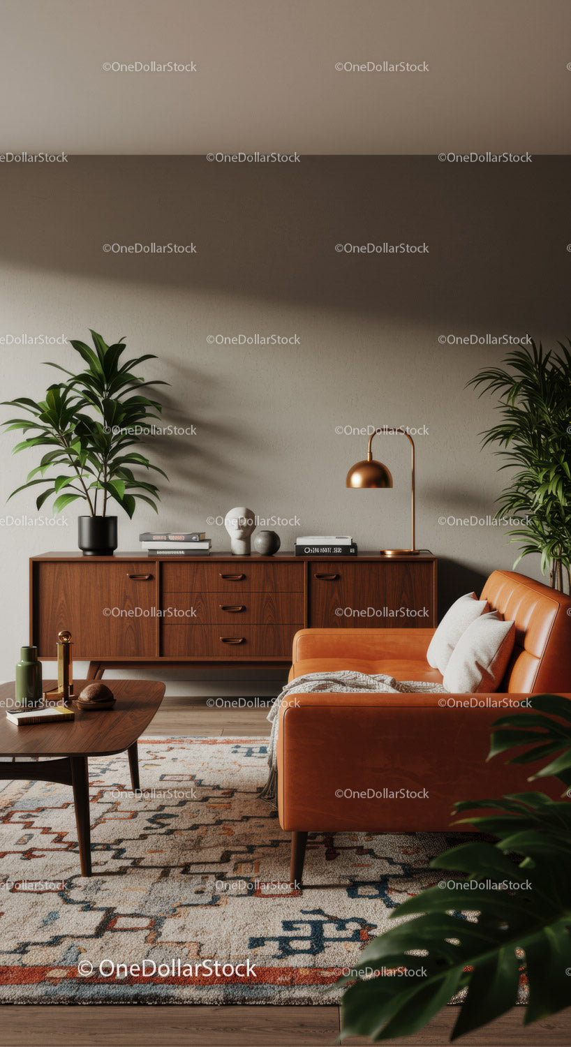 Przytulny salon w stylu mid-century z skórzaną sofą i roślinami