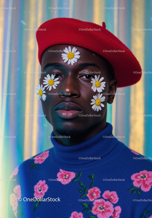 Man in red beret with floral face decoration