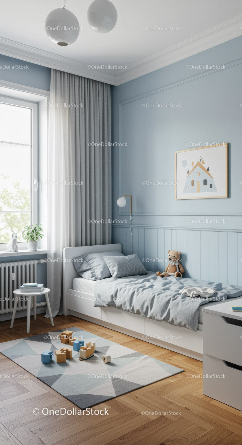 Modern Children's Bedroom with Soft Pastel Walls and Cozy Decor