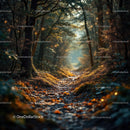 Sunlit forest path glowing with autumn hues