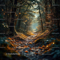 Sunlit forest path glowing with autumn hues