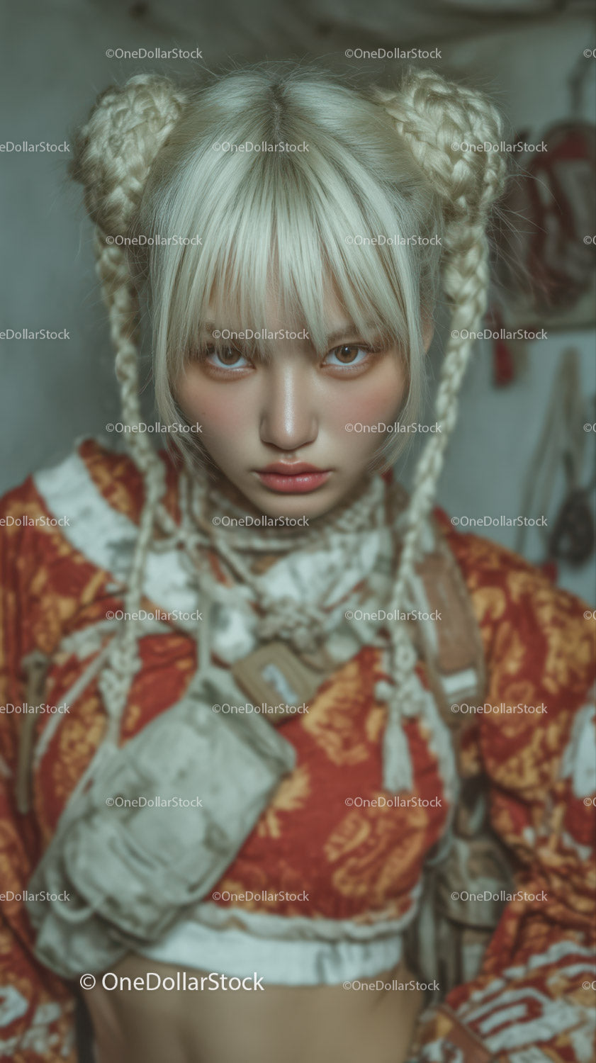Modowy portret młodej kobiety z warkoczami w miejskim otoczeniu