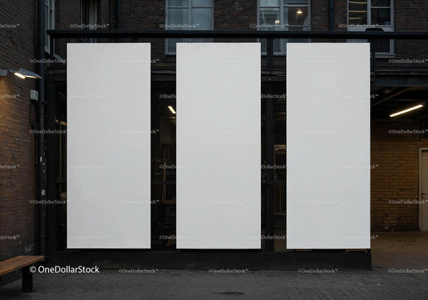 Three Blank Vertical Banners on Urban Building Wall JPG Mockup Image