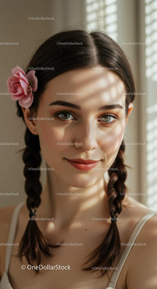 Young Woman with Braided Hair and Pink Flower in Bright Indoor Setting