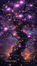 Magical Illuminated Tree with Purple Blossoms in Fantasy Forest