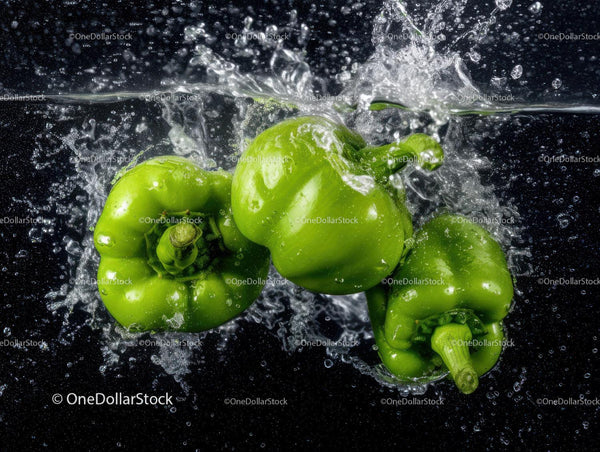 Fresh Green Bell Peppers Splashing in Water