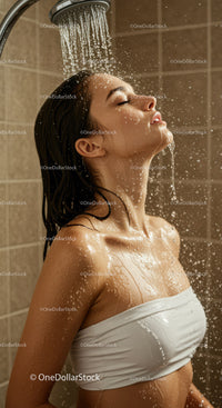 Woman Enjoying Refreshing Shower Under Water Stream