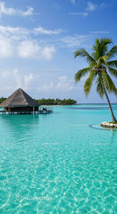 Tropical Paradise with Palm Tree and Overwater Bungalow on Clear Ocean
