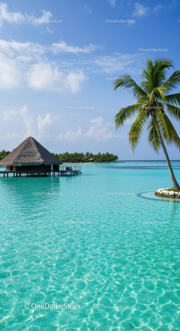 Tropical Paradise with Palm Tree and Overwater Bungalow on Clear Ocean