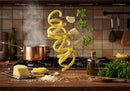 Fresh pasta and ingredients floating over kitchen counter
