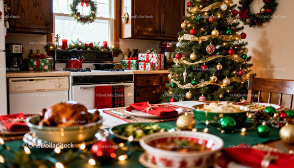 Cozy Kitchen with Christmas Dinner and Decorated Tree