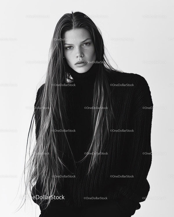 Elegant Female Model in Black Sweater with Long Hair in Studio