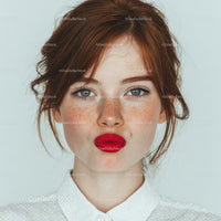 Fashionable Red-Haired Woman with Blue Eyes and Red Lips