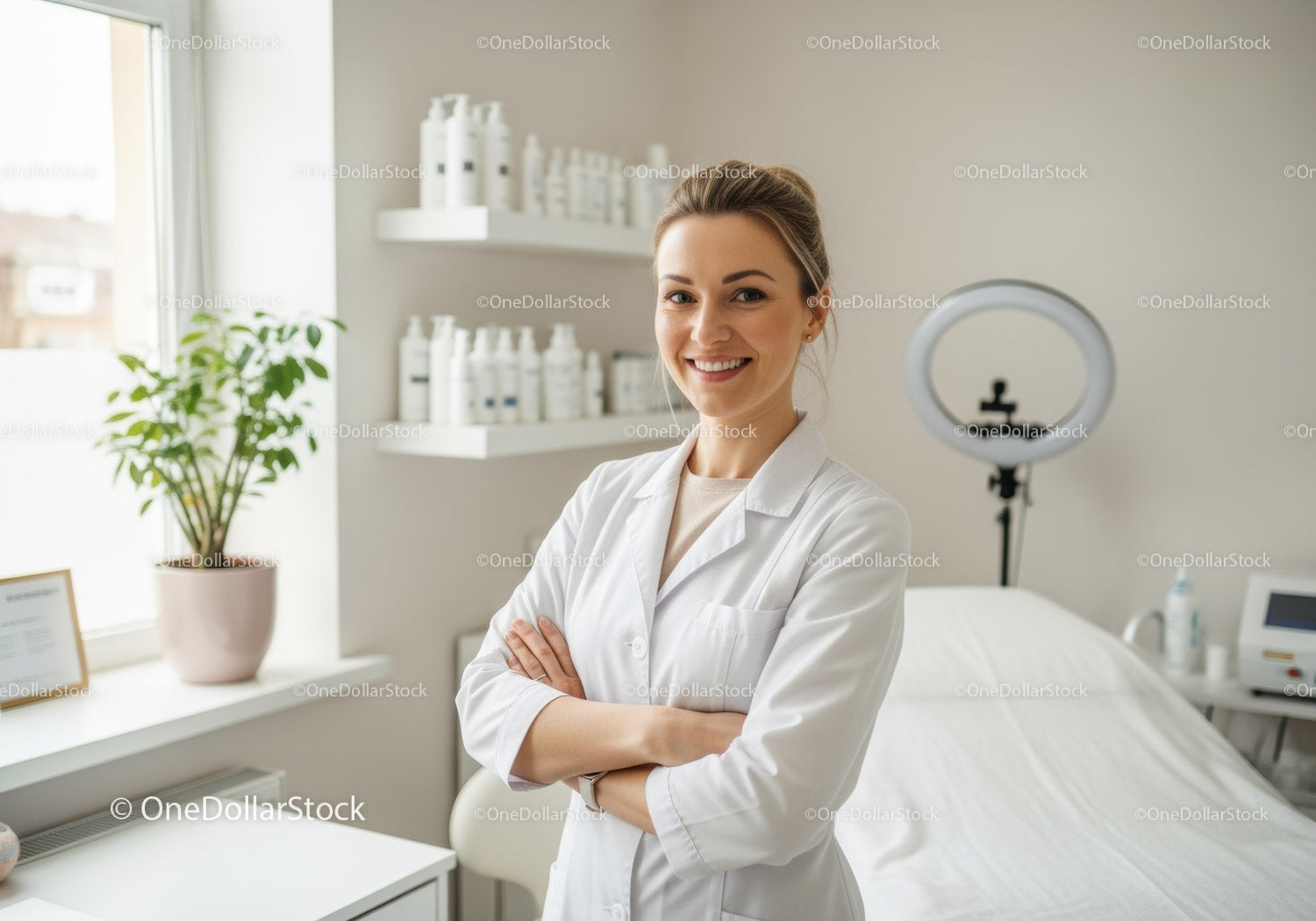 Uśmiechnięta pracownica służby zdrowia w nowoczesnej klinice medycznej