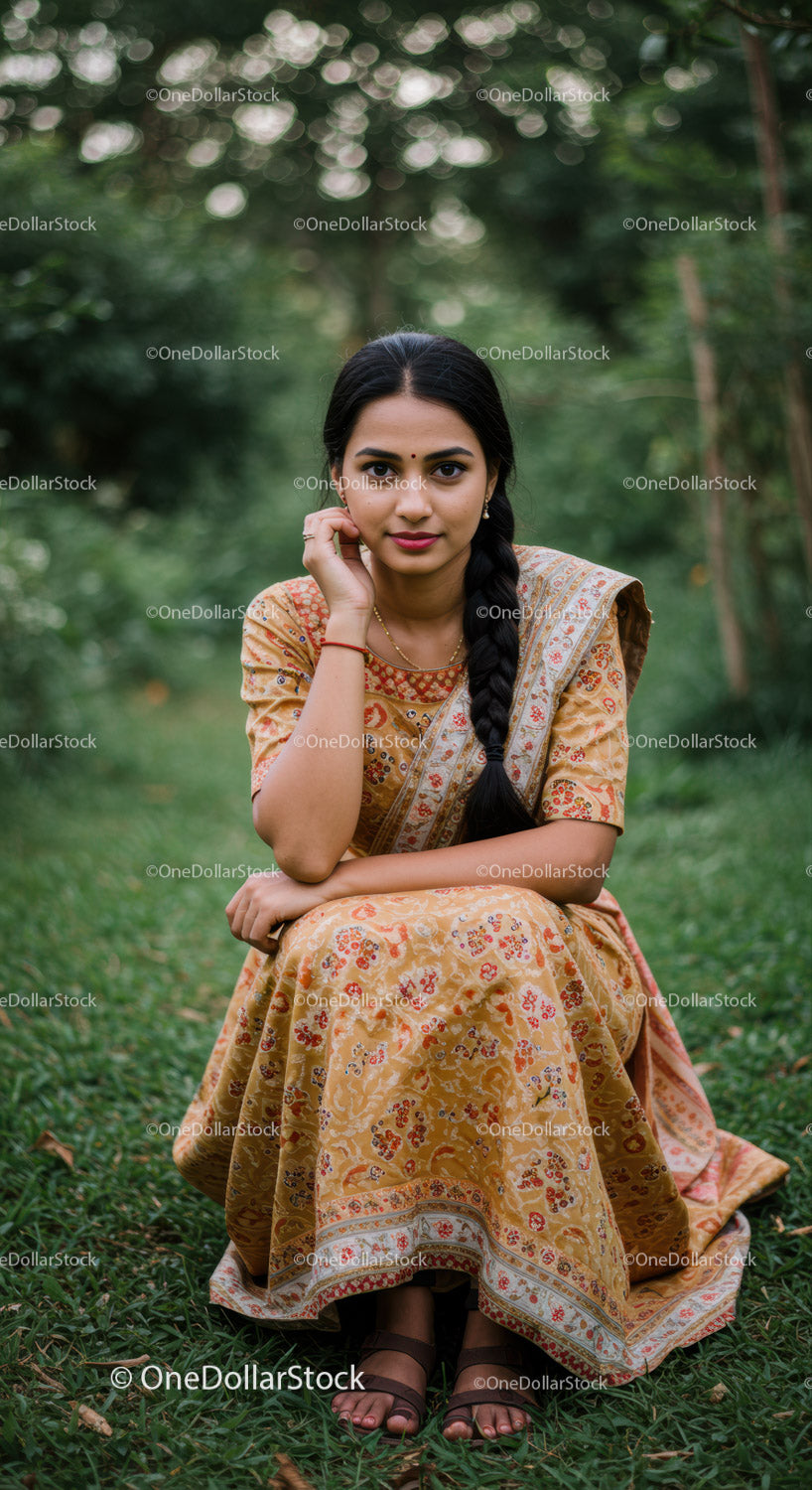 Elegant Woman in Traditional Saree Sitting Outdoors in Green Garden